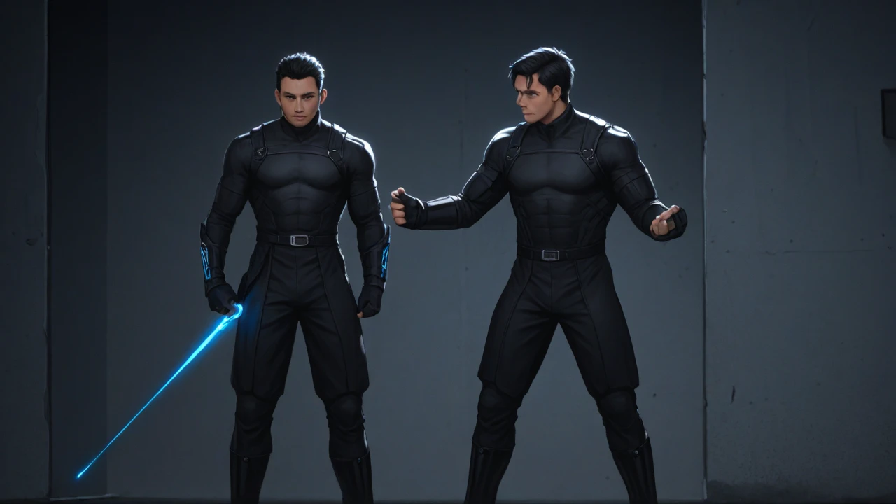 A realistic 3D male model in full body composition, wearing a full body hero suit and cape in the pattern of a professional baseball uniform, a very short haired, crew cut, cool, dandy-like, veteran-aged man with a shiny, sparkling blue cape that is longer than his body, gloves and a cap are always worn, an original hero, only the eyebrows, eyelashes and eyes are visible, his mouth is bandaged and sealed, the upper half of his face is bare with a sharp gaze, he has six pack abs, a muscular macho man with a sturdy body, he has both legs closed, his hands are clasped behind his back in an X shape, his whole body is bound and sealed with duct tape and he is held down. He has collapsed from exhaustion and is sleeping with his eyes closed. A coat of arms, in a dark room background, his whole body facing forward, backward, left and right (north, south, east and west), an image of him being restrained and mummified.