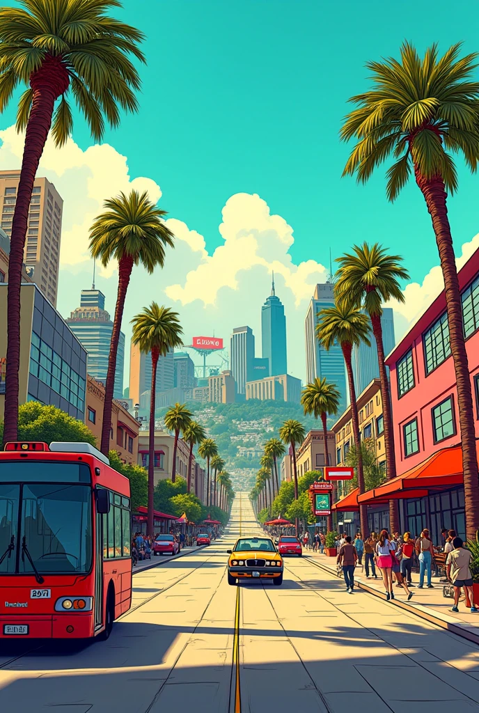 Create an illustration about an afternoon in los angeles  landscape.  Like comic book 