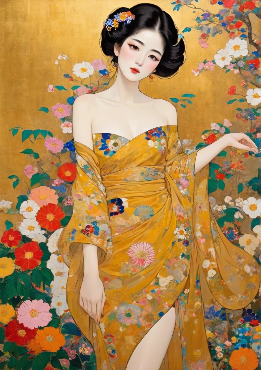 Masterpiece Japanese Painting, Klimt style masterpiece, flat art, Simple Crepe Painting,      abstract,    lots of flowers   , I'm staring at a flat illustration, 40 years old, Off Shoulder, half-open, ,  Bold composition, slide eyes,