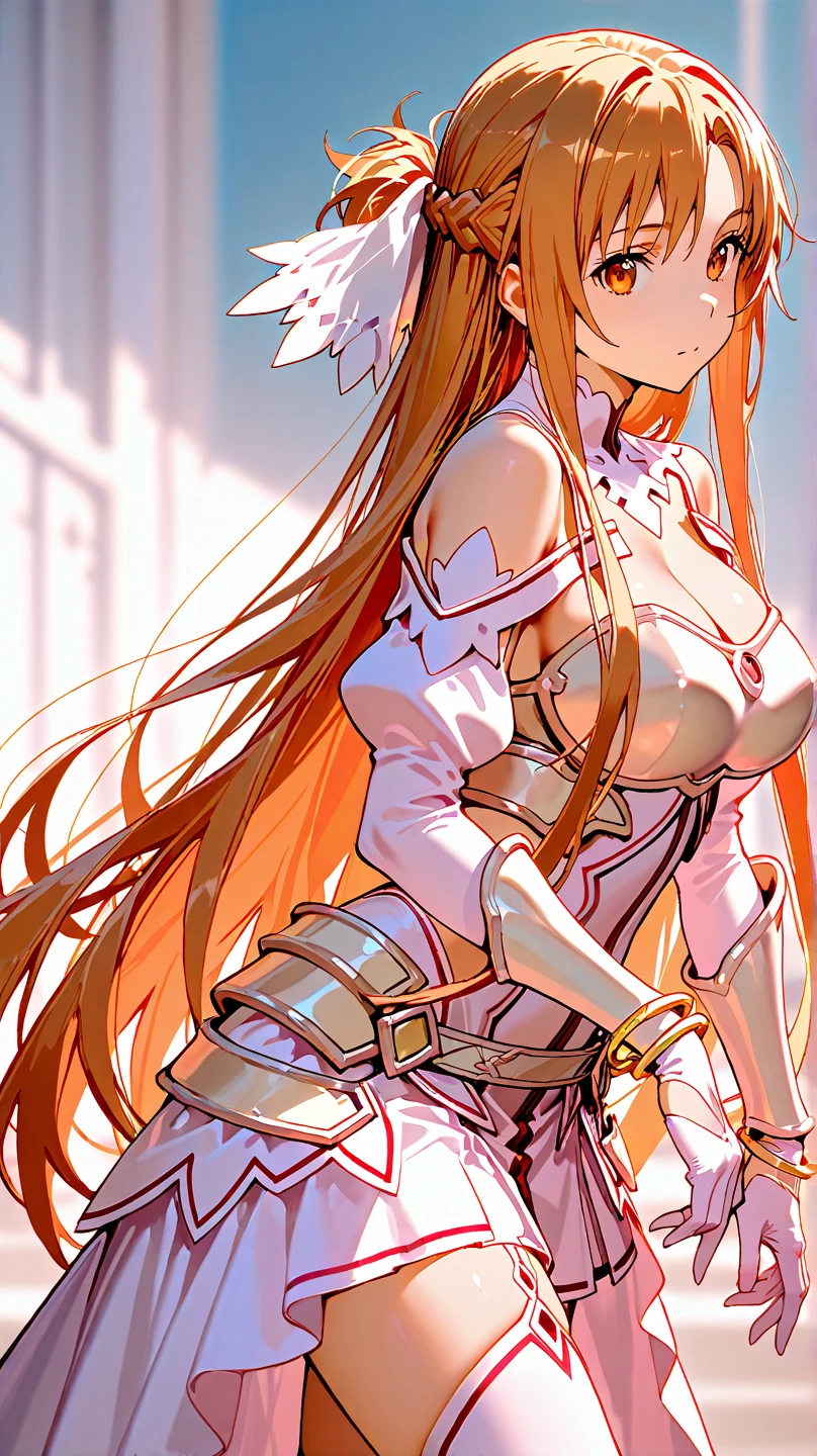 stacia, asuna, asuna_\(sao\), 1girl, (sexy pose:1.2), fantasy, highres, original, realistic, expressive eyes, (excite), scenery, close_up, upper_body, (standing on a grass), smiling, solo, (potruding nipple:1.2), long hair, (middle breasts:1.0), looking at viewer, smile, open mouth, bangs ,detailed eyes, beautiful background, (on the forrest), hands on the chest, orange hair, thighhighs, gloves, dress, (cleavage:1.4), (grab tits:1.6), bare shoulders, brown eyes, very long hair, (full body:1.5), white gloves, white dress, (open chest:1.5), armor, white thighhighs, garter straps, breeze, white armor, abec