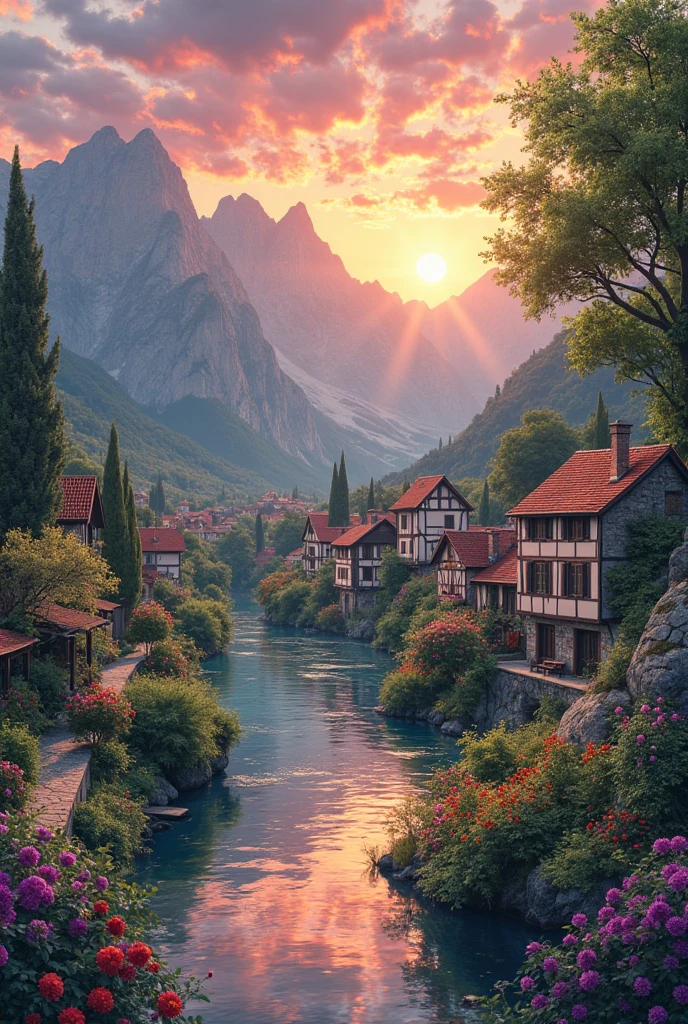 a small village by the river, mountains in the background, floral flowers colorful, detailed landscape, Beautiful natural landscapes, atmospheric lighting, scorching sunset, warm colours, practical, photopractical, Detailed Foliage, complex buildings, cobblestone street, Charming country house, swirly vibrant colors, lush vegetation, Still water reflections, Picturesque, idyllic, work of art, best qualityer, 8k, extremely detaild,anime styling