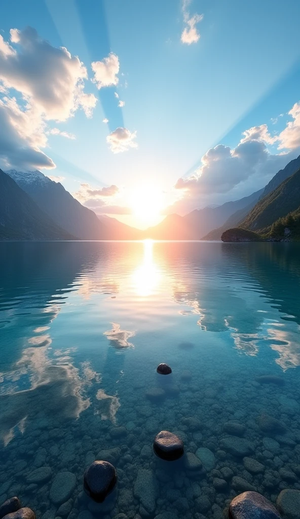 Ultra-realistic 8K landscape of a serene alpine lake at sunrise, crystal clear water reflecting the sky and clouds like a mirror, glowing sun rising between distant mountains, vibrant blue sky filled with scattered fluffy clouds, rocky lakebed visible beneath the water, dramatic light rays piercing through the clouds, peaceful and tranquil atmosphere, extremely high detail, photorealistic, wide-angle view, golden hour lighting, cinematic color grading