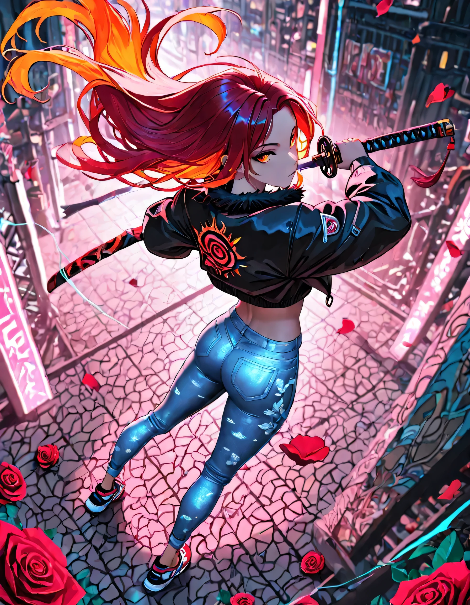 1girl, stylish sneakers, streetewear, katana, intricate detailed neon katana, vibrant color, hair fulled back, view from above, detailed face and eyes, perfect body, extremely detailed description, ultra fine-painting, costume design, masterpiece, dynamic view, dynamic action pose, fur Jeans Jacket,rose , floating rose,