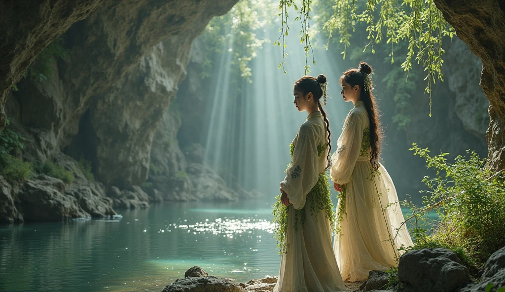 setting: in a cave in China next to a lake. there are women China wearing leaf clothes, ragged clothes.