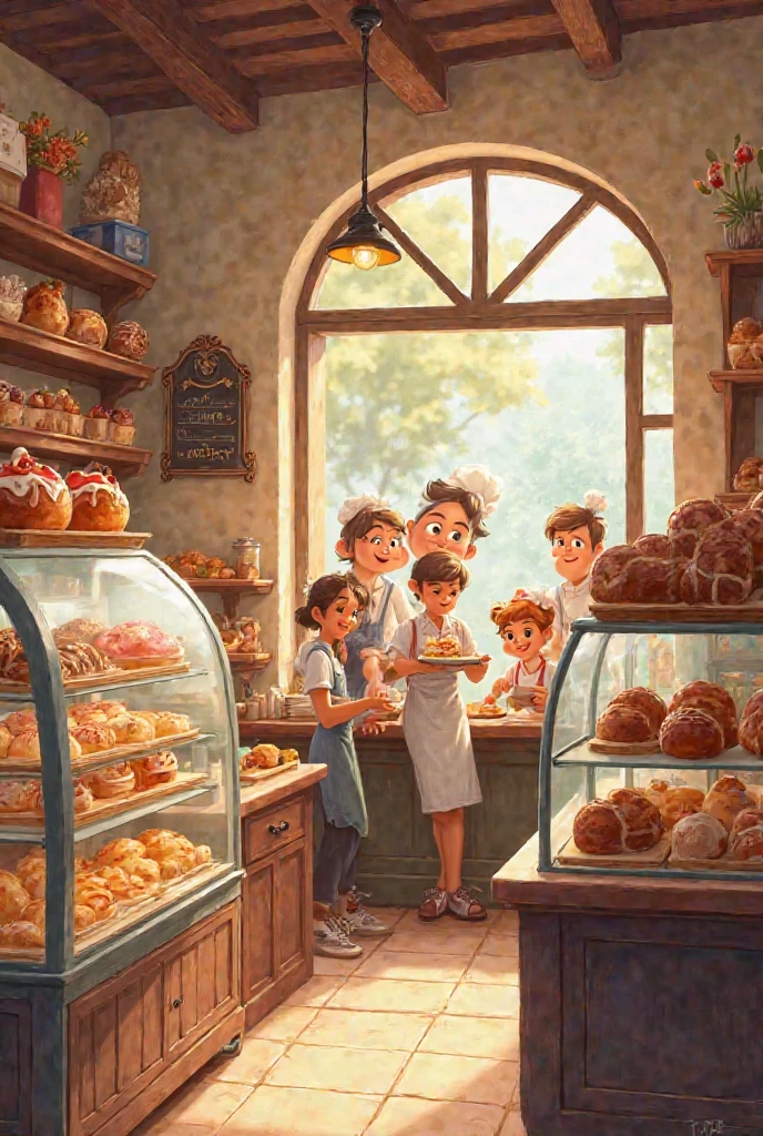 Cartoon the pic. "A cozy bakery filled with a variety of uniquely shaped breads, warm lighting, and a glass display case showcasing delicious, tempting cakes that look too good to resist#