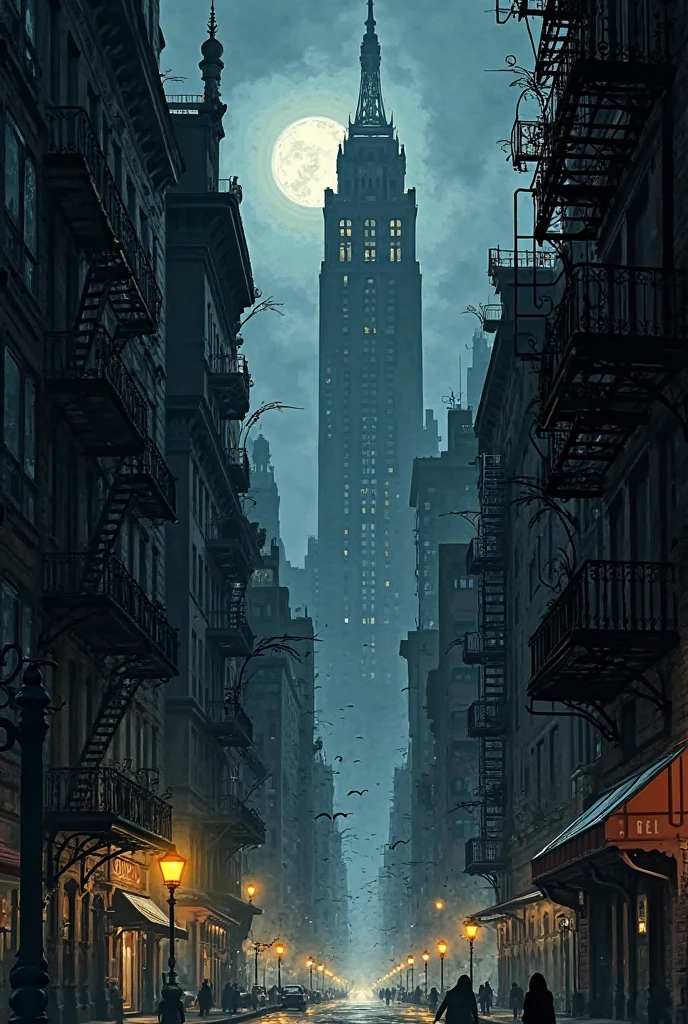 Create an illustration about a night  in New York landscape.  Like a gothic  comic book 