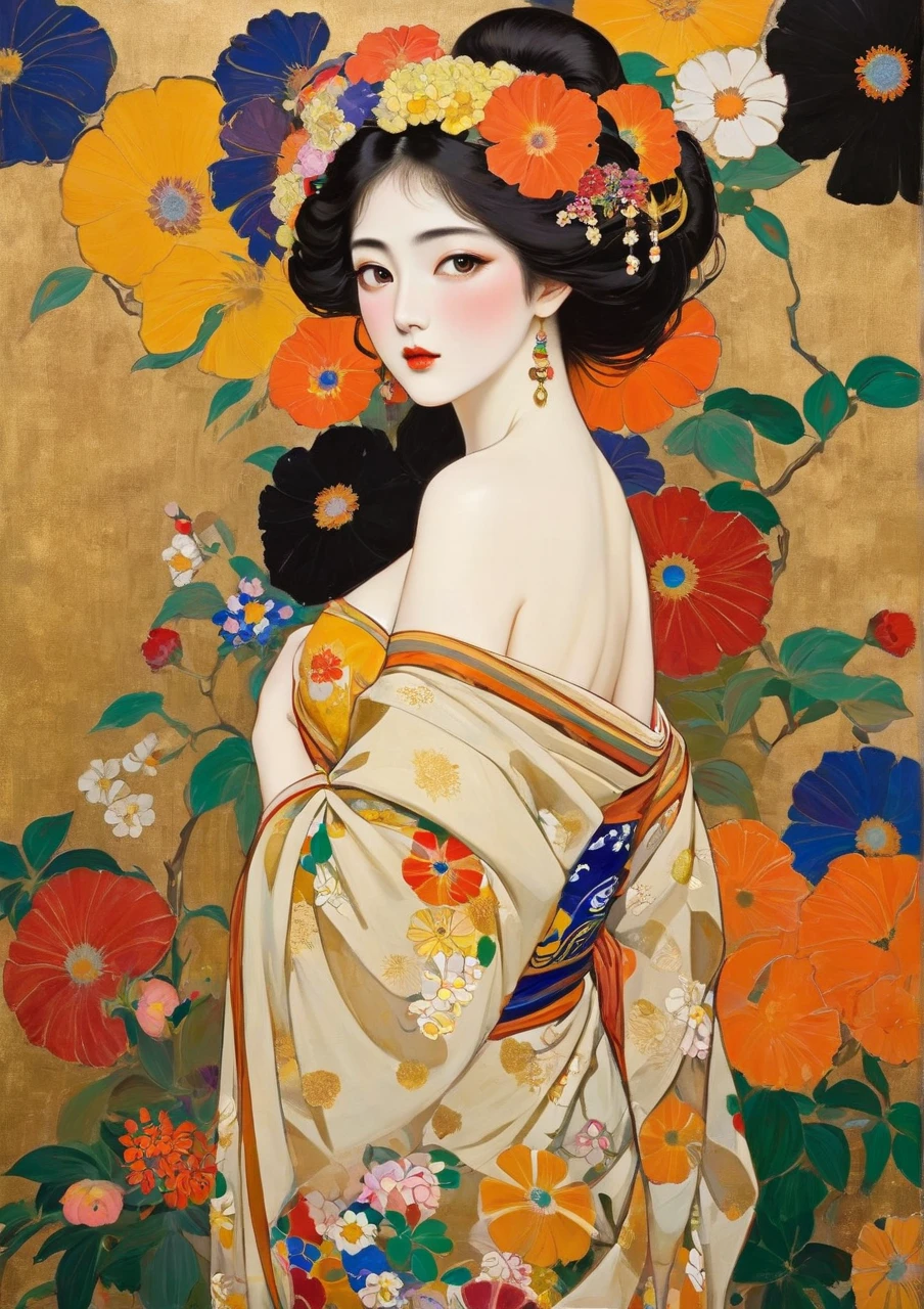 Masterpiece Japanese Painting, Klimt style masterpiece, flat art, Simple Crepe Painting, abstract, lots of flowers , I'm staring at a flat illustration, 40 years old, Off Shoulder, half-open, , Bold composition, slide eyes,