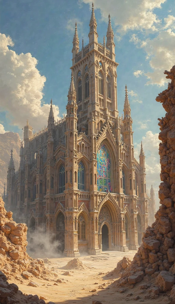 Medieval cathedral with stained glass windows. It stands in the middle of a ruined city with lots of sand. 
 fantasy style .