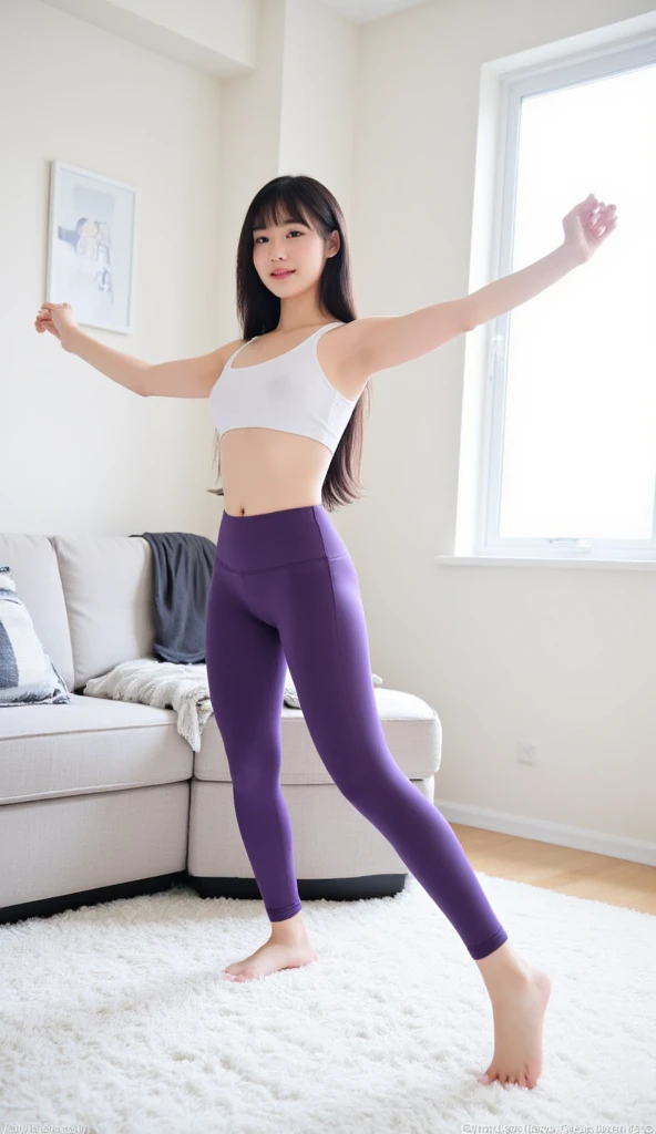 Closet up se uma mulher japonesa sedutora sexy de cabelos pretos e seios grandes, wearing black top and purple women's pants, wearing Nike Jordan tennis, Arte no estilo realista) (imagem da alta qualidade