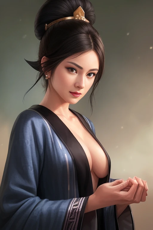 1 girl in, meme, Two layers of fine eyes, look at the audience, incredibly short hair, black hair,Jewelry on the head,
Upper body, chinese clothes, Hanfu, , cleavage,( Open your clothes :1.4), Magical face, wearing cosmetics ,（Watercolor Painting）