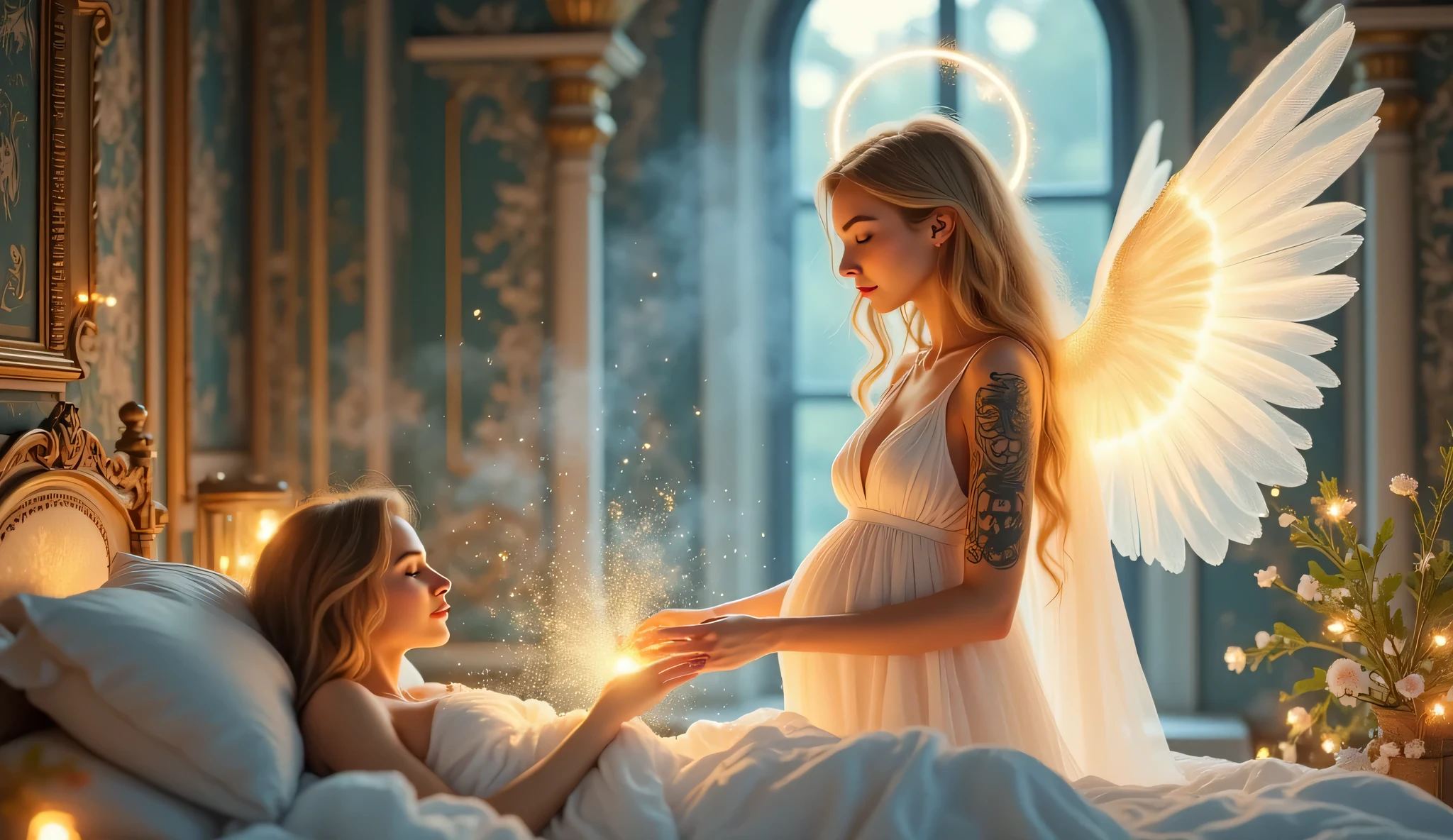A divine female angel with glowing golden halo above her head, standing beside a pregnant woman lying peacefully in bed. The angel has long flowing blonde hair, large radiant white wings, and wears a glowing white gown. She gently hovers her hands over the woman's glowing belly, releasing sparkling golden light like a holy blessing. The room is filled with soft heavenly mist, rays of blue light from an arched window behind them, and a dreamlike, spiritual atmosphere. Cinematic fantasy style, ethereal lighting, highly detailed, 16:9 composition, soft warm glow, magical sparkles, halo above the angel's head glowing brightly. ((realistic on the hand, detailed cg, realistic photo , high quality, Highest resolution )), Pear shape, Lovely bust line, lovely thighs, (rainbow-colored hair : 1,5), A dress with a very nice pattern,(brightly colored tattoos : 1.5), Nice halo.