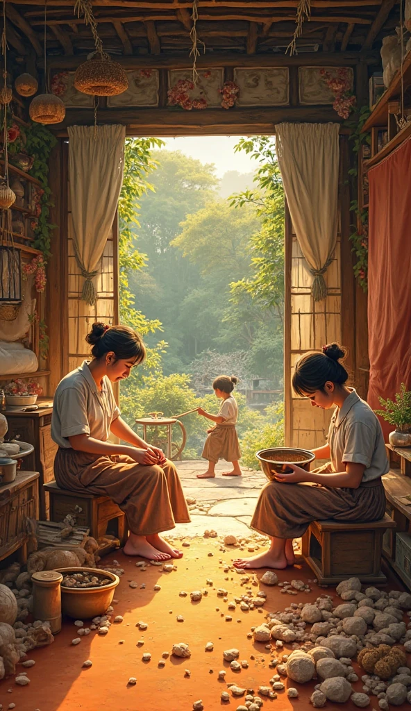 "A warm, detailed artwork of a traditional Vietnamese silk workshop where workers process silkworm cocoons. One worker boils cocoons to extract fine silk threads, another spins the threads into raw silk using a wooden spinning wheel, and a third weaves silk on a handloom. The workshop is lit by natural light, with a view of a mulberry garden through an open door, highlighting the journey from cocoon to luxury silk."