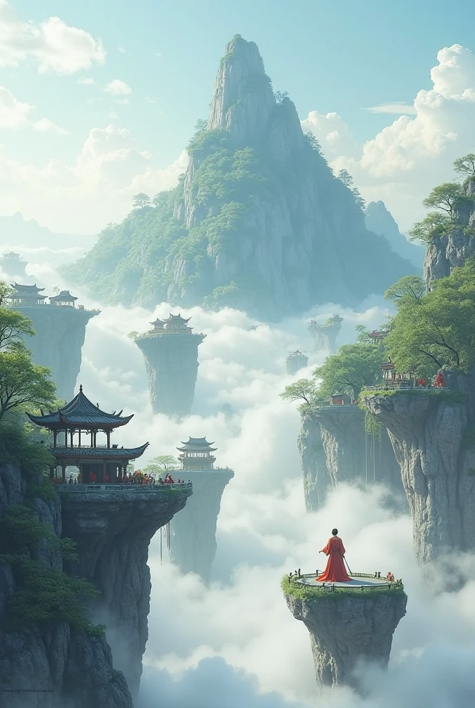 Floating stone islands above the clouds with Chinese structures with a giant island with woods in the background 