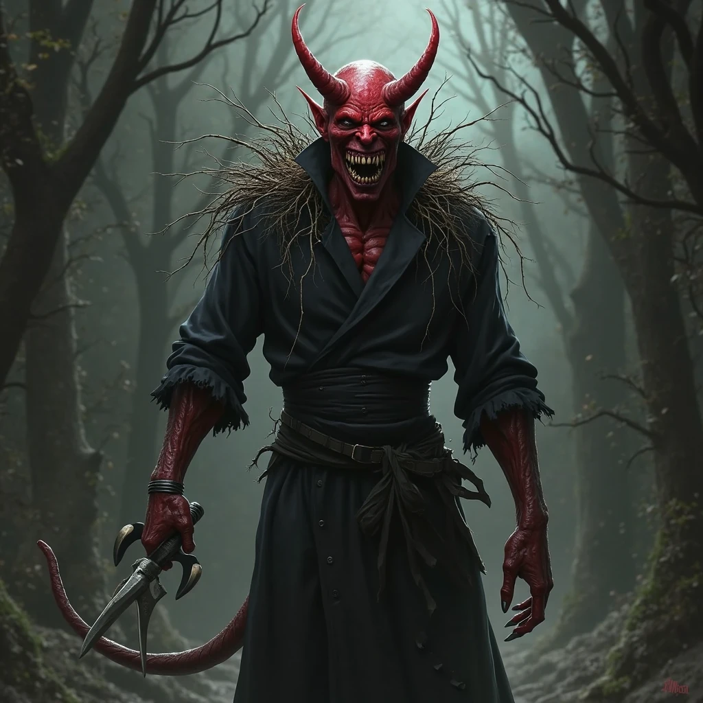 Personnage avec une cornemuses qu'il tient sur luis une tête rouge avec une clarinette en nez des yeux rouges avec du blanc des jambes avec du noir est du blanc des clarinette en épaule des bars rouges des main un corps rouge clair noir est blanc est que s'est un monstre musiciens quu est dangereux 