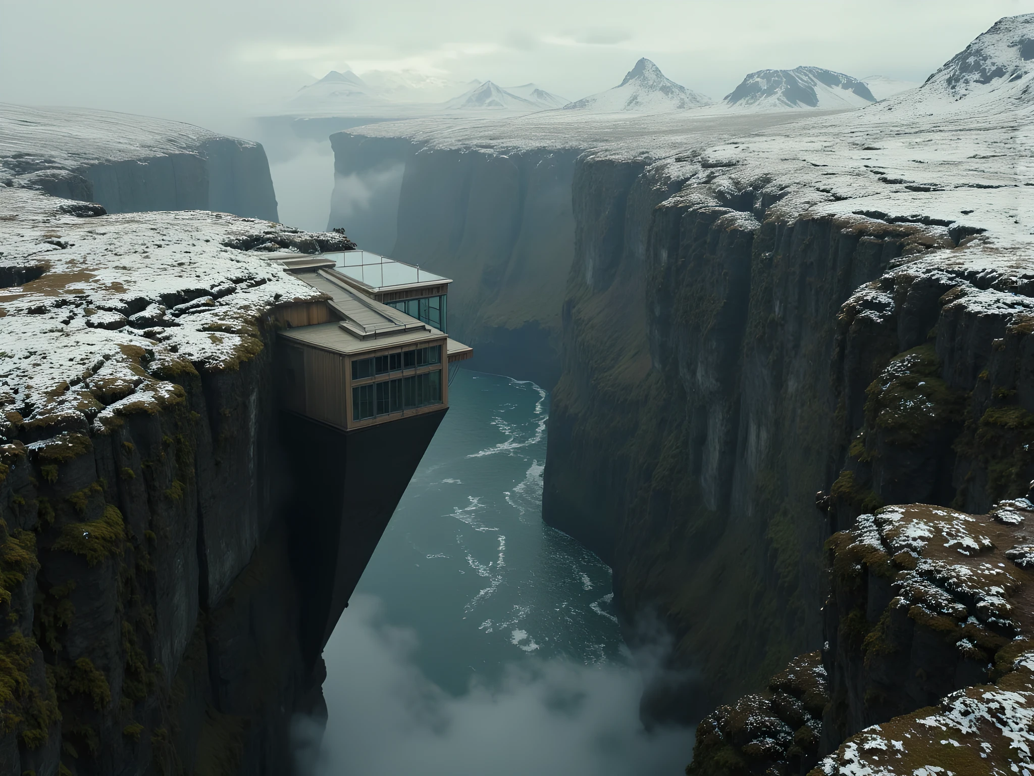 The Precipice Vault: the Last Refuge on the Edge of Oblivion. A remote mountain shanty, high up on Icelandic black mountains with charred white snow patches, encased in reinforced glass, galvanized steel rods, and “camouflaged RHA tank armor as futuristic both a fortress and a statement. Its asymmetrical, gravity-defying structure juts from a sheer rock chasm, partially submerged in the abyss, where an immense panoramic viewing window peers into the depths of an otherworldly realm,
Its design is a meticulous interplay of light, shadow, and raw materiality—brutalist Bauhaus colliding with industrial Geigeresque aesthetics. The air is thick with atmosphere, a moody interplay of cinematic lighting against ominous skies, where nature reclaims the remnants of a forgotten world. Lush, overgrown jungle foliage encroaches upon its jagged silhouette, tangled with alien-like black-green seaweed swaying in unseen currents.
This retreat is an enigma, a place of unnerving solitude and breathtaking beauty—both claustrophobic and boundless, a vessel for spectacular escapism.
Architectural Vision & Cinematic Influence:
Inspired by the groundbreaking innovations of Tadao Ando, Kengo Kuma, Atelier Bow-Wow, Bjarke Ingels Group (BIG), Snøhetta, Olson Kundig, and Bureau Spectacular. Echoes of the Juvet Landscape Hotel and The Grillagh Water House permeate its DNA.
Visually captured in an immersive, hyper-realistic style—UHD octane-rendered drone cinematography by Maya Henderson and Emmanuel Lubezki, blending the aesthetic signatures of Jama Jurabaev, Maciej Kuciara, Raphael Lacoste, Vance Kovacs, and Feng Zhu. A vision trending on Dezeen and Dwell, pushing the boundaries of edgy avant garde sci-fi world-building.