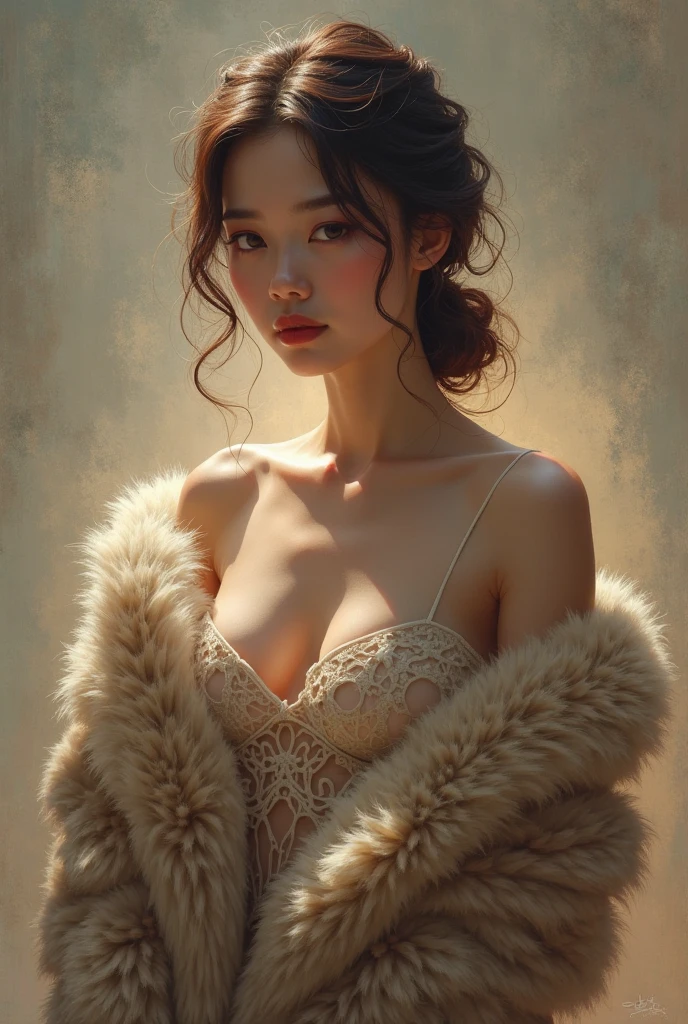 a woman with fur around her neck who is naked