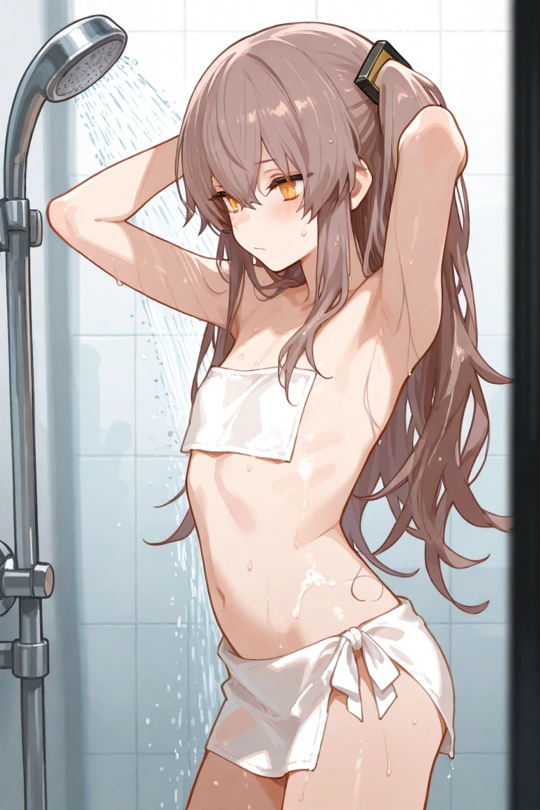 ((masterpiece, highest quality:1.2)), nsfw,cowboy shot,1woman,20 year old beauty,solo,((very small head)),long hair,dark brown hair,brown eyes,blunt,((very long and slender body)),toned body,skinny,medium breasts,oily skin,shiny skin,sad,drooling,sweat,clavicle、White tube top bra、navel,White panties、Restrained by chains、sitting,Stone wall、Simple bed、Simple bedroom、