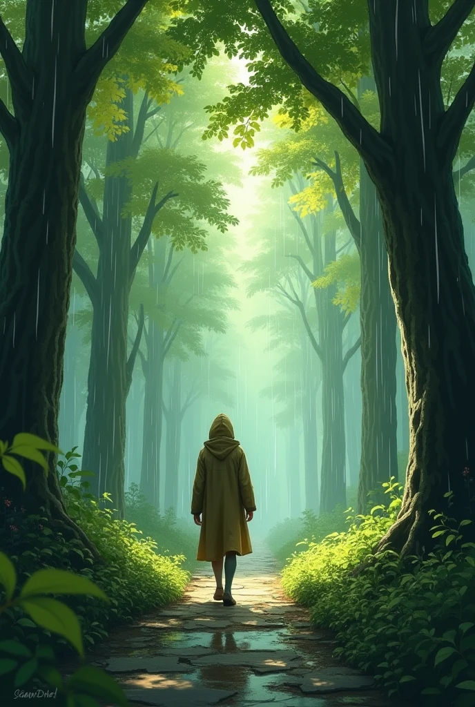 a walk in the forest in the morning rain (point of view)
