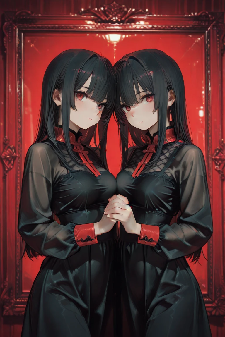 <lora:obata_takeshi_offset:1>, obata takeshi, 1girl, girl, masterpiece, best quality, 1girl, bare shoulders, black cape, black gloves, black hair, blush, cape, choker, collarbone, dress, hair between eyes, long sleeves, looking at viewer, medium hair, off-shoulder dress, off shoulder, red dress, red eyes, sidelocks, solo, Bloom, Brilliant Colorful Paintings, Hands In Pocket,