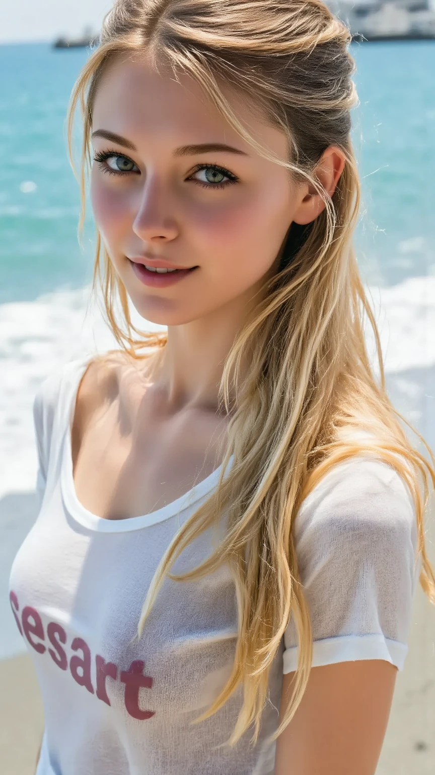 score_9, score_8_up, score_7_up, score_6_up, score_5_up, score_4_up, realistic style, photo, photorealistic, high detail,  curvy blonde, bob hairstyle, light hair, round face, green eyes, very full lips, delicate makeup, pink lips, looking at viewer, wearing a white T-shirt, ((white thongs)),  on the beach, sunny day, tag1, tag2