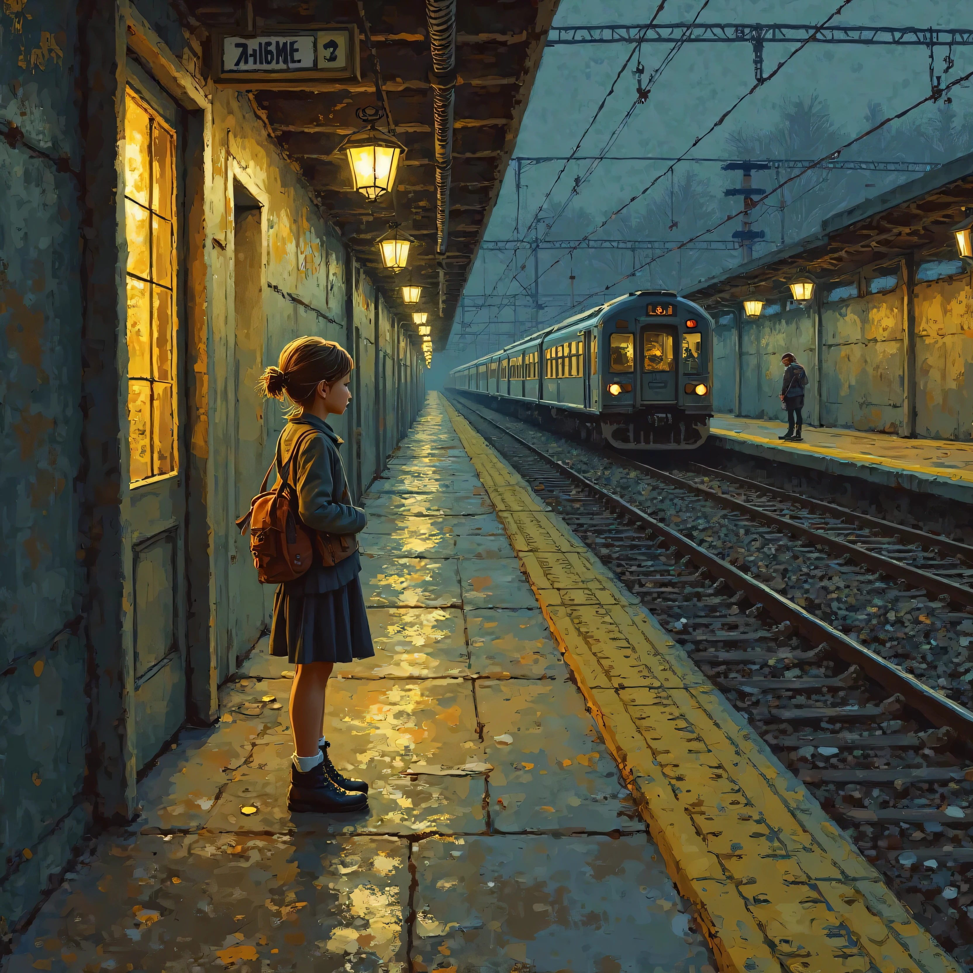 Make me a girl at a train station standing at a train station looking at the train she missed sadly in the Van Gogh style. The dominant colors are brown and gray with yellow lights. The scene is very much focused on the girl and very close 