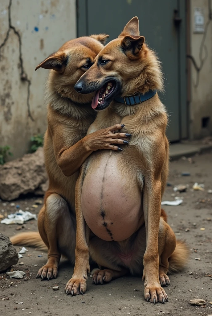 A hyper realistic, ultra detailed image, (((((nude, side view, feral, hugging, looking at each other, human female, duo, anal, dog, riding position, lying on belly))))), realistic, detailed background, (((((belly hugging, vaginal, dog licking mouth, hands on anus, excessive urine on belly, front doggystyle)))))