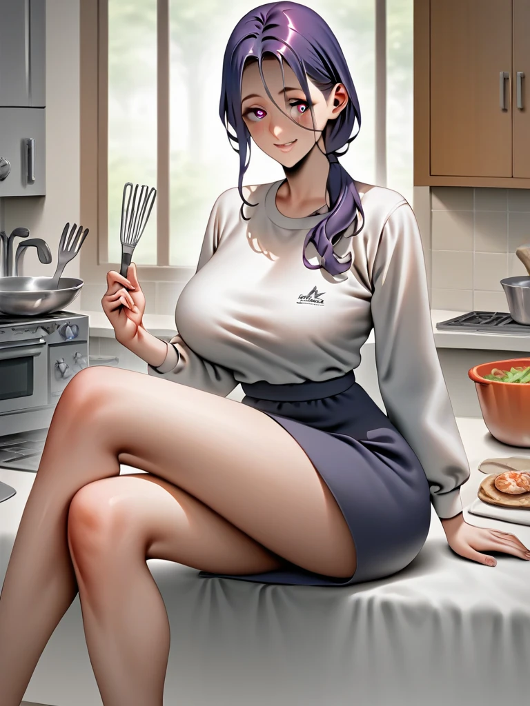 (hews art style:0.7), score_9, score_8_up, score_7_up, score_6_up, uncensored, YamashiroRen, long hair, black hair, blunt bangs, hair ornament, purple eyes, BREAK (masterpiece:1.2), best quality, high resolution, (beautiful detailed eyes:1.3), perfect lighting, (perfect hands, perfect anatomy), hearts, pleasured, naked_apron, large_breasts, cleavage, smile, blush, looking_at_viewer, collarbone, solo, holding, food, bare_shoulders, kitchen, jewelry, closed_mouth, indoors, cowboy_shot, wink, standing, sideboob, rating:safe, tiles, mature, thighs,