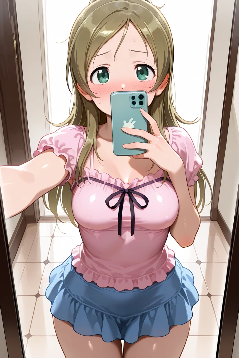 Generate an image of Honami Mochizuki from Project Sekai. She is a high school student with long, straight hair in a blonde color.,with a slight curl. Her side hair is shorter and also slightly curled. She has straight-cut bangs, that frame her forehead. Often, has big, gentle red eyes and a warm, friendly expression. blunt bangs,nsfw,steam,small breasts,sweat,1girl,Gradient with pink tips,close to viewer,full body,gray skirt,navy highsox,Selfie,from below,show off nipple,press my chest together