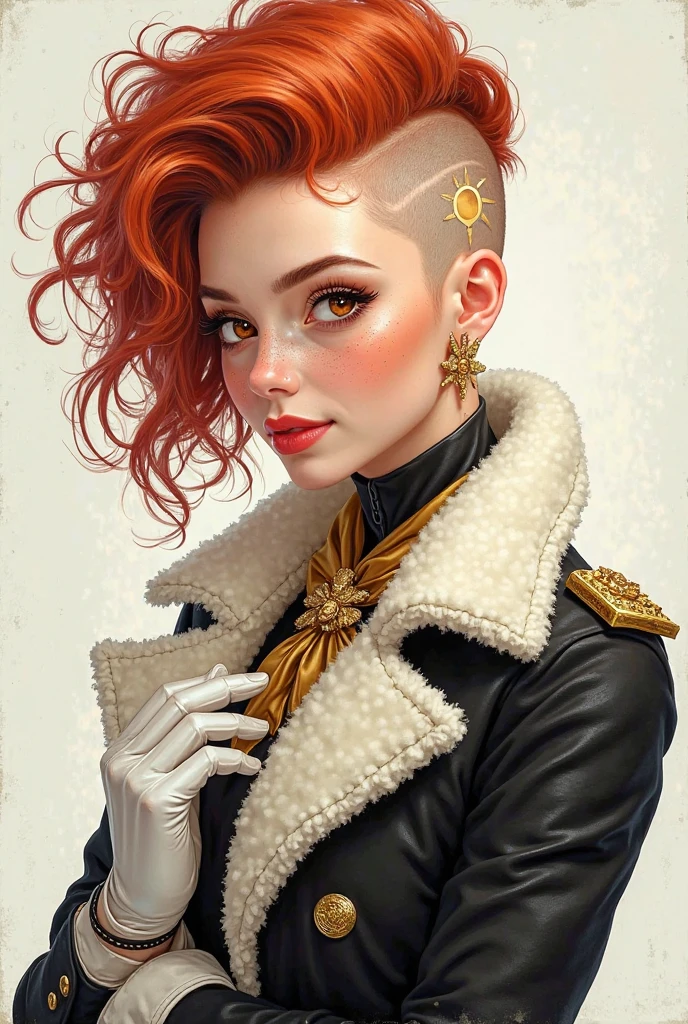 An impressive illustration  , High quality and ultra-high resolution of a young lady,e baixinha, with white skin like porcelain highlighted by subtle freckles on her delicate face,  with a beautiful smile.Your amber-colored eyes are bright.
She has a stylish haircut. buttons. Her hair is bright fiery red, And your haircut is modern on one side, one side of the head is shaved and decorated with the sun, while the other side, Do you have wavy and shiny red hair, 
She wears tight pants with black, And an overcoat with a plush collar from the platinum plush college made of noble silk fabric in black and white with details in white threads. She has a delicate golden silk scarf with sun details on her shirt. She wears white gloves with gold details 