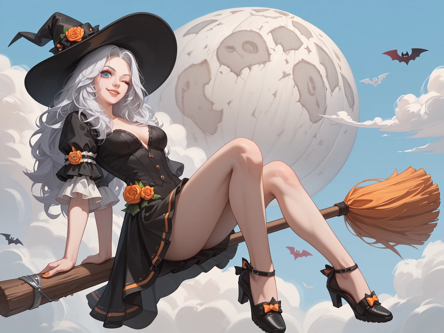 (best quality,4k,8k,highres,masterpiece:1.2), ultra-detailed, (realistic,photorealistic,photo-realistic:1.37), mature mysterious excited energetic happy expressions, blushing witch girl, perky breasts, riding a broom, sitting on the broom, on broom sideways, floating, legs out of frame, flying in the sky, night sky, clouds, sparkling stars, glowing moon, mysterious forest, flowing cloak, swirling hair, magical aura, enchanted atmosphere, spellbinding scene, powerful sorceress, captivating smile, sparkling eyes, intricate broom design, ethereal beauty, mystical elements, whimsical charm, vibrant colors, dramatic lighting