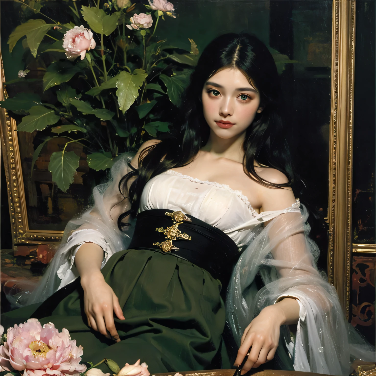 (oil painting:1.5), \\ a woman with (long curtly hair ), ((green eyes)) is lie on the ground in veil, peony, (amy sol:0.248), yellow, with skirt, (stanley artgerm lau:0.106), (a detailed painting:0.353), (gothic art:0.106)
