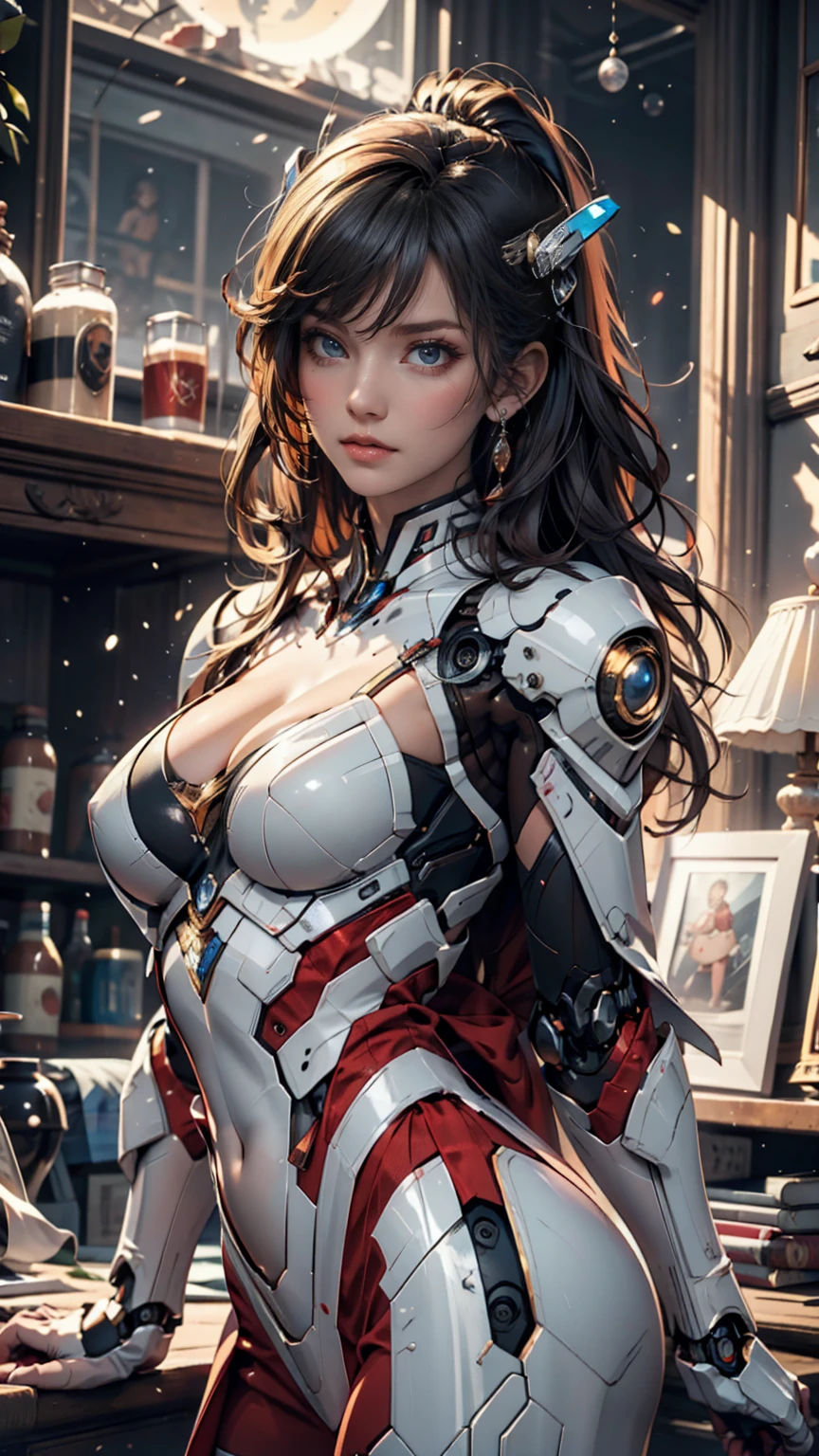 masterpiece, Highest quality, Super detailed, figure, One girl, Very detailed Evangelion costume, (Big Robot Background), Detailed skin texture, Beautifully detailed face, Intricate details, Super detailed、Sexy proportions、Long eyelashes、eye shadow、lipstick、Sexy、erotic、Narrow waist