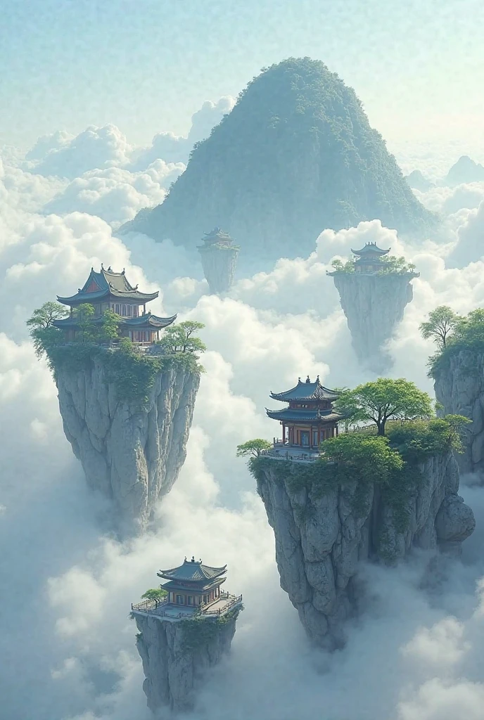 Small Floating stone islands above the clouds with Chinese structures with a giant island with woods in the background 