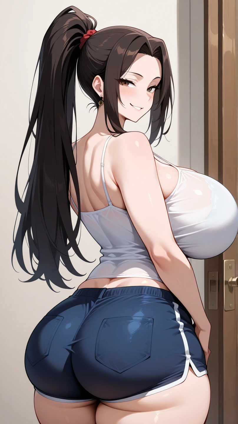 1woman,solo,milf,mature female,medium long hair,black hair,asymmetrical bangs,black eyes,plump,large breasts, oversized_white_t-shirt,red_bra_under_shirt:0.6,bra_visible_through_clothes,skin-tight_denim-pants,standing,leaning_forword,bare_one_shoulder,looking_back,back,from_behind,from_below,