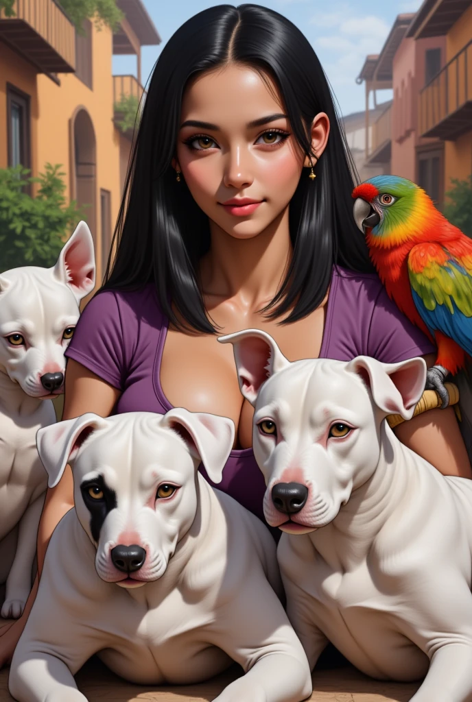Peruvian woman with straight black hair, 1 white pitbull terrier, 1 white pitbull terrier con negro y 1 loro. 