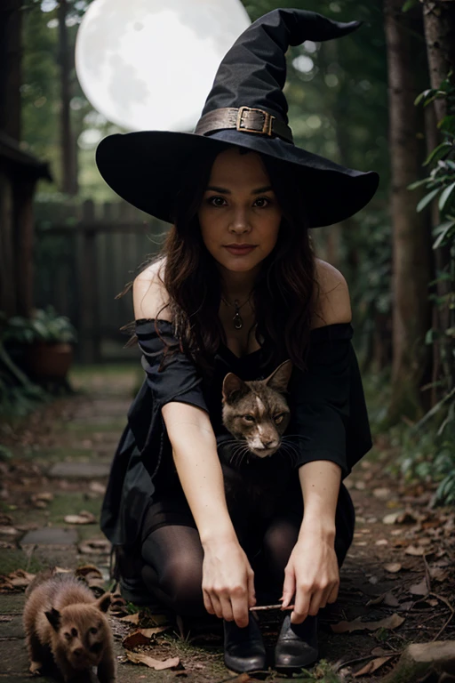 Black cat brings a lay witch a dead mouse it caught as a present