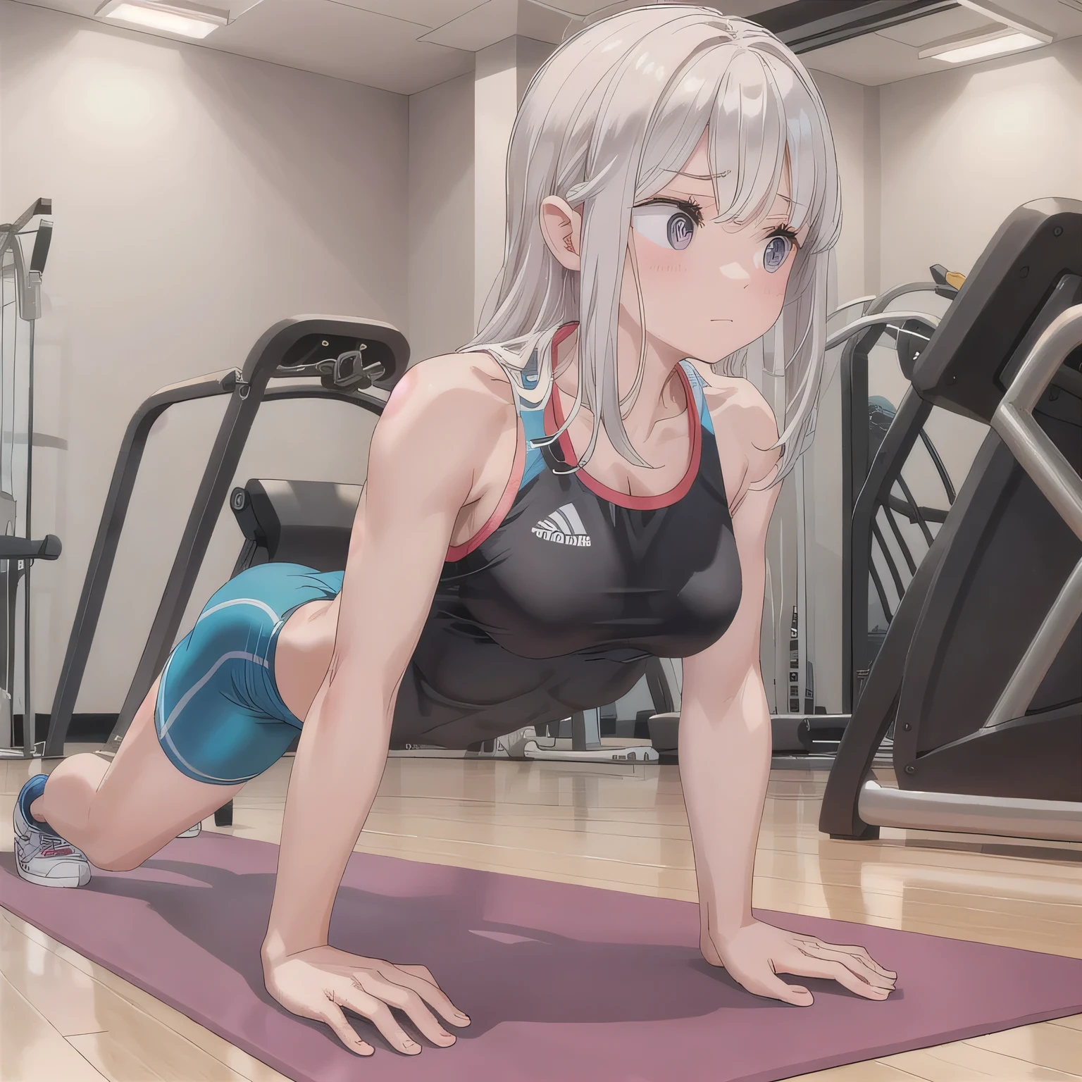 A person doing a plank exercise on a mat in a fitness gym, minimal equipment, bright interior.