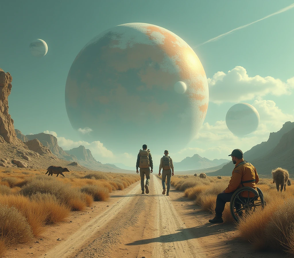 A gas giant with a habitable moon, two conquerors walk along a wide road, one is sitting on the side of the road waiting for the second, upside down wheelchairs lie, alien flora and fauna, (( разнообразная alien flora and fauna )), ((  strange alien animals run across the clearing)), HIKING, USING A MAP AND COMPASS IN CONTACT WITH NATURE
