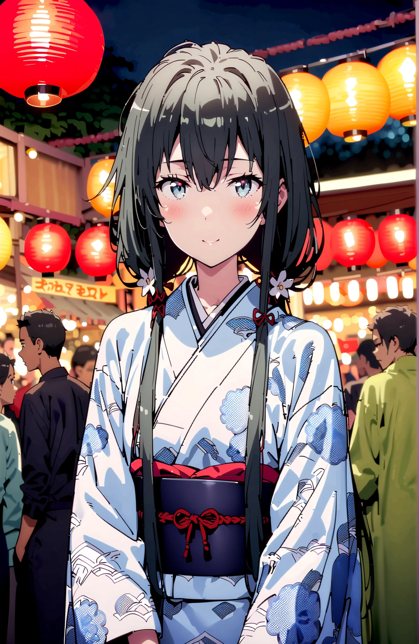 Yukinoshita Yukino , Yukinoshita Yukino, solo,black hair, blue eyes,stupid hair,Low Twin Tails,long hair,White flower pattern kimono,flower hair ornament,smile,blush,close your mouth,Light up fireworks,Japanese stalls ,Red Lantern,crowd,night,standing,full bodyがイラストに入るように,break outdoors, Japanese Festival,
break looking at viewer,full body,
break (masterpiece:1.2),top quality ,Kampala,unity 8k 壁紙,(shape:0.8),( fine, beautiful eyes :1.6),It's a person ,full body写真,CG Details , (perfect hand,Complete Anatomy),
