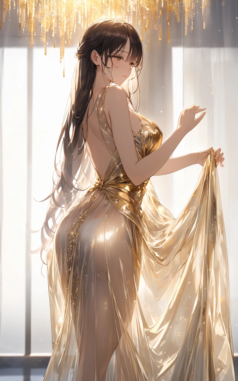 beautiful, Mark, queen Mark, black dress, deep cleavage, wavy red hair, golden eyes, Good, pool curtain, sexy, sensual, looking back