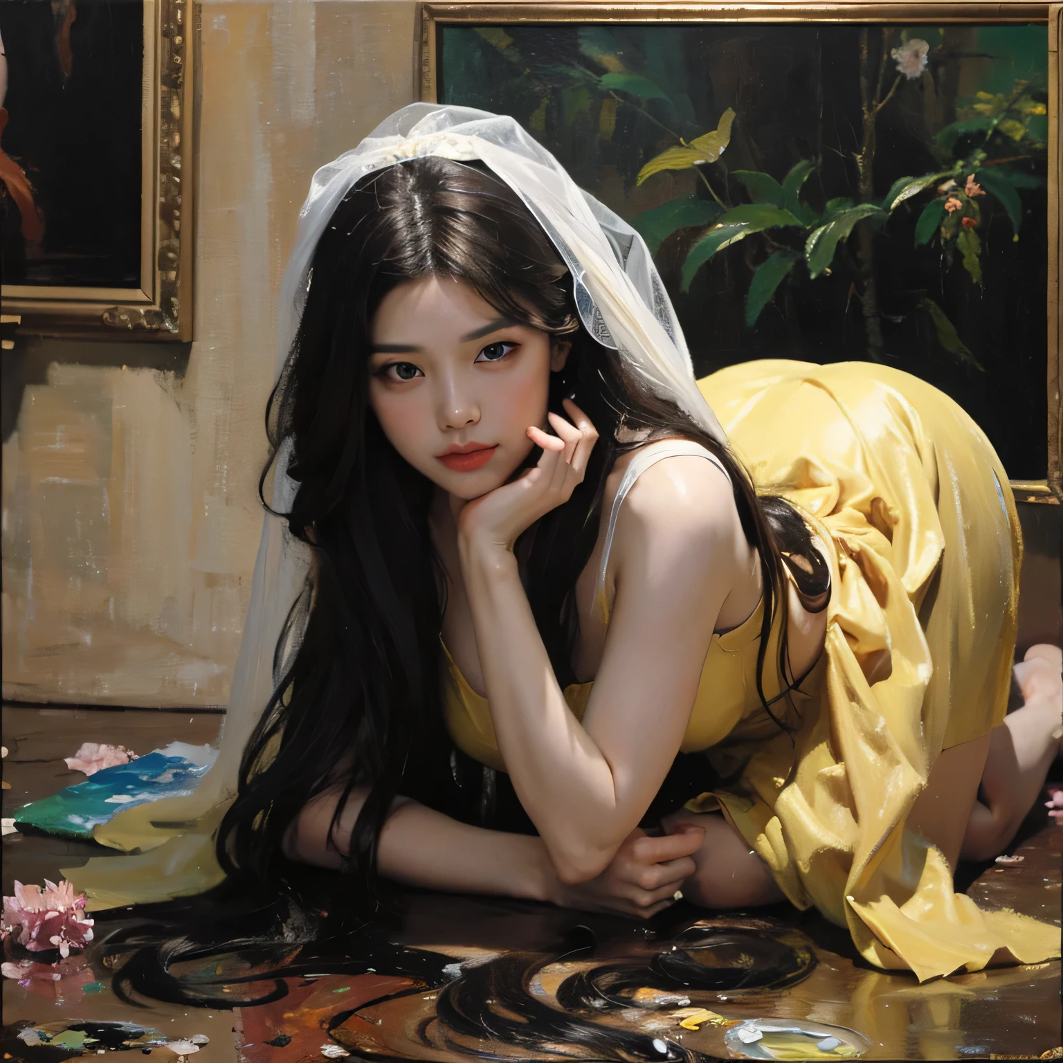 (oil painting:1.5), \\ a woman with (long curtly hair ), ((green eyes)) is lie on the ground in veil, peony, (amy sol:0.248), yellow, with skirt, (stanley artgerm lau:0.106), (a detailed painting:0.353), (gothic art:0.106)

