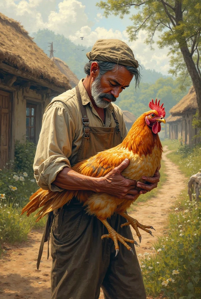 A farmer cutting "A traditional village golden-feathered hen 
