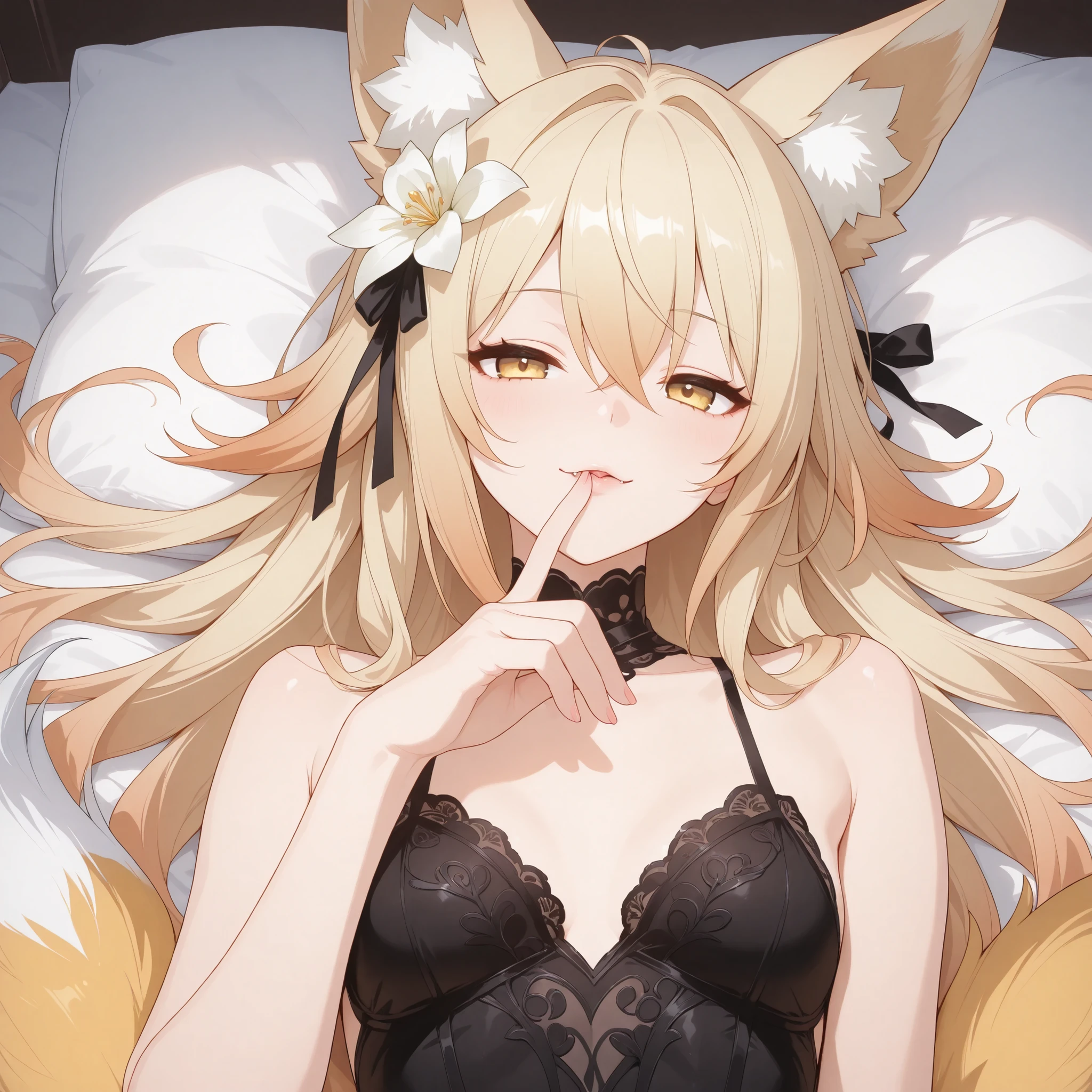 Fox girl, pale-blonde, Renard, Fox tail, collar, Beautiful, Long Hair, (Rosy gradient on hair), Golden Eyes with purple shade, small breasts, garter, black lace dress, cheeky, hair ribbon, white lily on hair, alluring, teasing, sexy, cunning, sly, lying back on bed, sexy expression, fox fang, narrowed eyes, kissing own finger