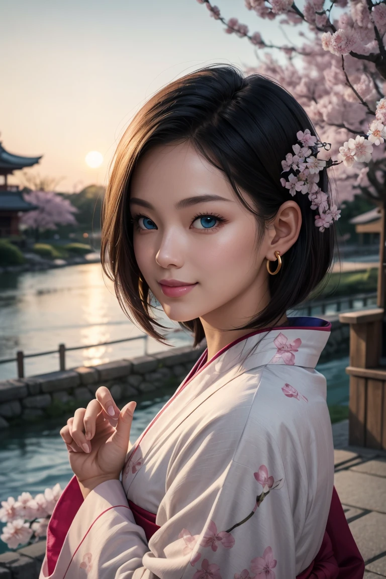 No.18,Dragon Ball Z,One-length hair,beautiful white blond hair, beautiful blue eyes ,PINK LIPS,white skin,in a sakura-colored kimono studded with beautiful gold leaf,smile,ultra-high image quality of processing,super quality,masterpiece,dslr,Photorealistic, Detailed Details,Vivid details,detailed,Detailed face, Detailed Details,Super Details,realistic skin texture, colorful candy room ,perfect anatomy,anatomically correct hands,anatomically correct finger,complex 3d rendering,Gold ring earrings,Mysterious cherry blossom blizzard,sunset,Beautiful Dusk,Beautiful Scenery of Japan,Hair fluttering in the breeze,Beautiful like a painting,takes pictures of Hirose's whole body,9 heads,