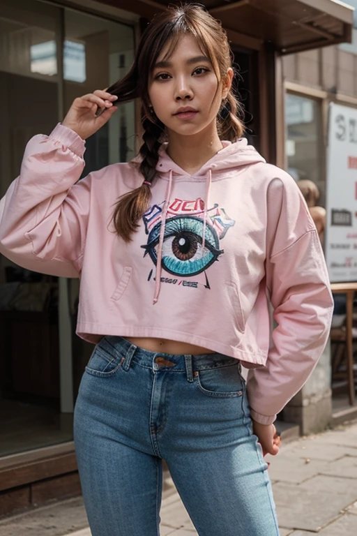 (Ultra Real), (Illustration), (High Resolution), (8K), (Very Detailed), (Best Illustration), (Beautiful Detailed Eyes), 22 year old Brazilian girl wearing hoodie open white, showing pink cropped T-shirt