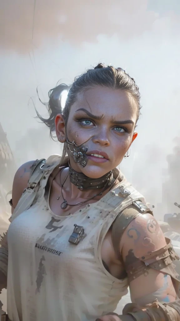slighly side view, <lora:Furiosa_A_mad_Max_saga:0.7> mmsfuriosa, short hair, dark forehead, mechanical arm, dirty, mad max background, solo, woman, blue eyes, score_9, score_8_up, score_7_up, score_6_up, score_5_up, score_4_up