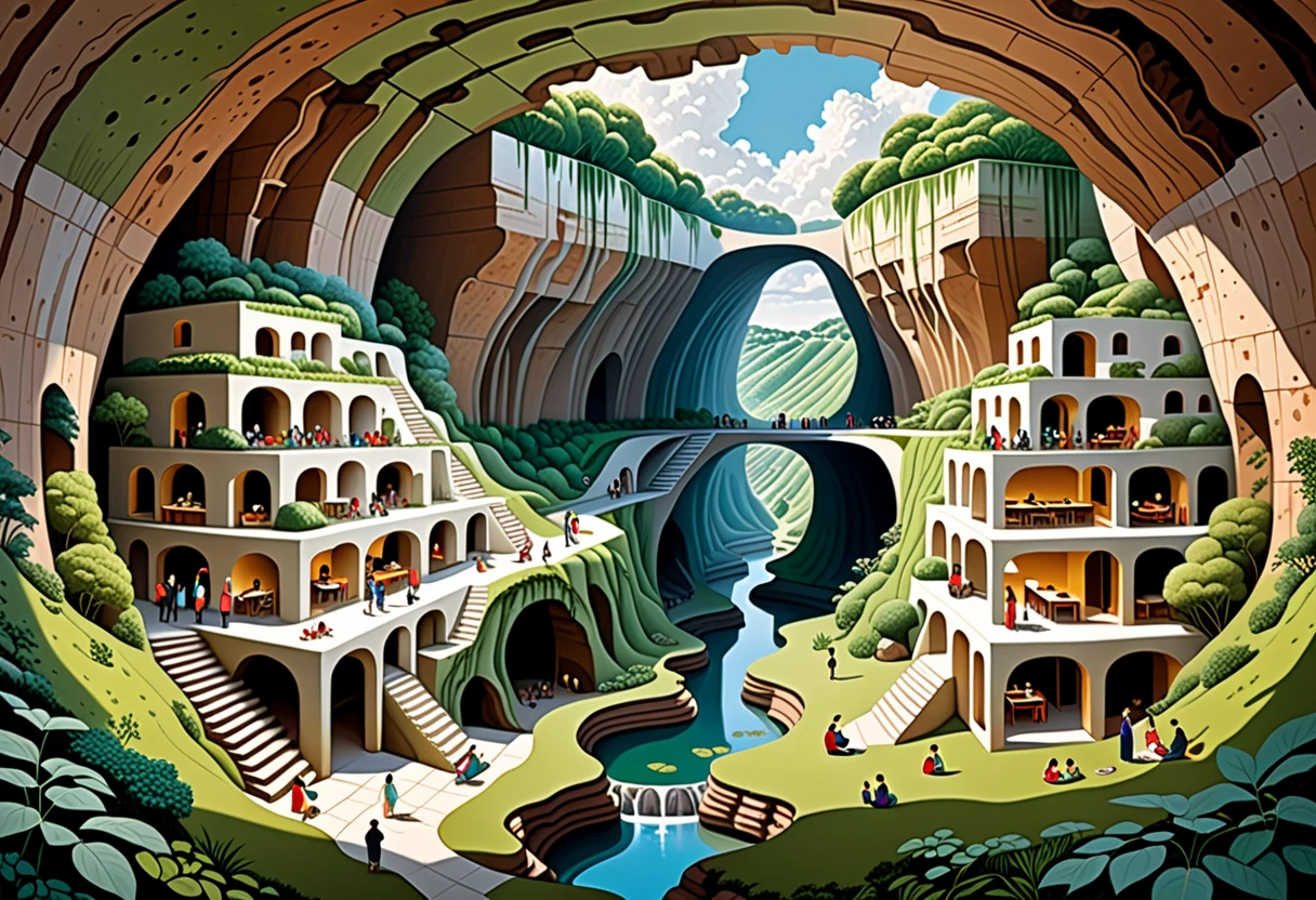 In an illustrated style, about 20 underground dwellings are depicted, each inhabited by residents with unique personalities. Each living space is distinct and separated, featuring families preparing meals, families relaxing while sipping tea, individuals reading books, people painting, families taking care of ren, couples engaging in intimacy, individuals meditating, and couples arguing. The surface is lush with greenery, and the sky, mostly hidden, is blue with cumulus clouds. Cross-sectional views and aerial shots from the side show detailed depictions of daily life. The composition is captivating, rich in color, similar to a 'Where's Waldo?' style. It is a collection of caves, with cross-sections of about 30 dwellings within a tunnel presented in a flat depiction. 80% of it is underground, flat in two dimensions, exhibiting geological accuracy, while richly portraying the lives and habits of people with a sense of realism. The structure is maze-like, stylish, and has clear color tones, featuring cross-sectional views taken from the side rather than an overhead view.