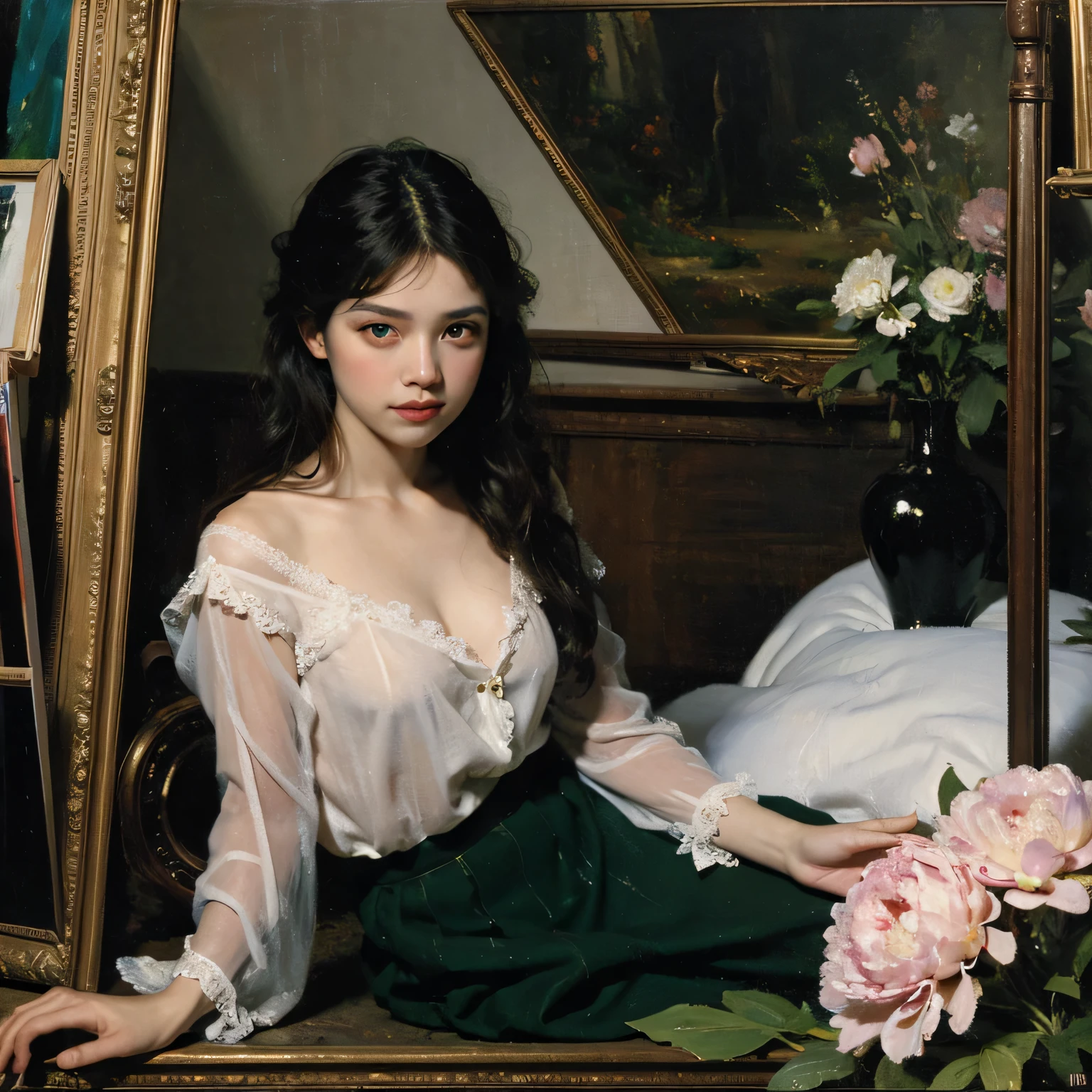 (oil painting:1.5), \\ a woman with (long curtly hair ), ((green eyes)) is lie on the ground in veil, peony, (amy sol:0.248), yellow, with skirt,(stanley artgerm lau:0.106), (a detailed painting:0.353), (gothic art:0.106)
