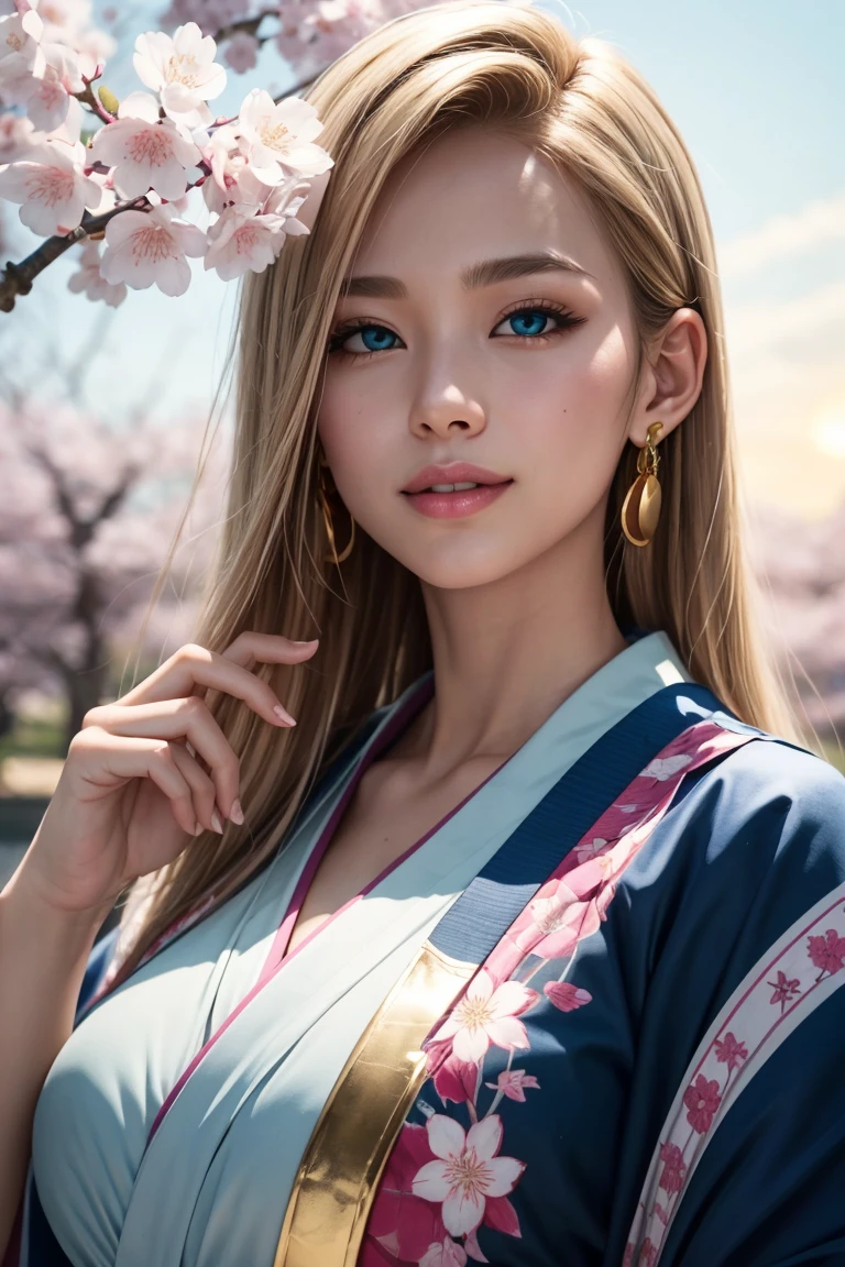No.18,Dragon Ball Z,One-length hair,beautiful white blond hair, beautiful blue eyes ,PINK LIPS,white skin,in a sakura-colored kimono studded with beautiful gold leaf,smile,ultra-high image quality of processing,super quality,masterpiece,dslr,Photorealistic, Detailed Details,Vivid details,detailed,Detailed face, Detailed Details,Super Details,realistic skin texture, colorful candy room ,perfect anatomy,anatomically correct hands,anatomically correct finger,complex 3d rendering,gold ring earrings,Mysterious cherry blossom blizzard,sunset,Beautiful Dusk,Beautiful Scenery of Japan,Hair fluttering in the breeze,Beautiful like a painting,takes pictures of Hirose's whole body,9 heads,
