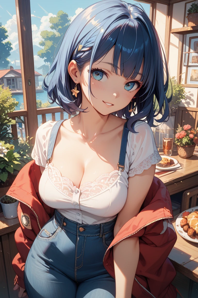 a calm girl, short hair with bangs, cobalt blue eyes, freckles, full lips, casual smile BREAK
wearing a casual outfit blue jeans and white shirt, butterfly pendant, sitting looking into the distance BREAK
in a bar on top of a hill overlooking the sea during a sunset BREAK
raw picture, 35mm photograph, sharp focus, american shot, dutch angle, dolly zoom, lens flare, deep shadows, volumetric lights, skin pores, very detailed face